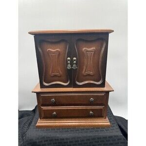 Vintage 5 Drawer Wooden Jewelry Box With Green Lining